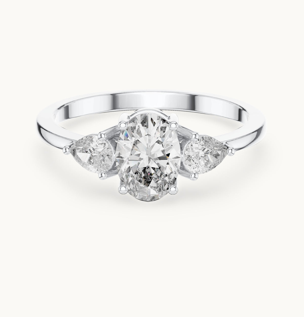 Oval lab-grown diamond three-stone engagement ring with pear side stones in white gold, 0.93 CT TW, view 4