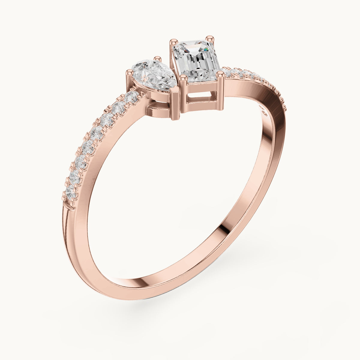 Emerald-cut and pear lab-grown diamond toi et moi bypass ring in rose gold, 0.34 CT TW, view 2