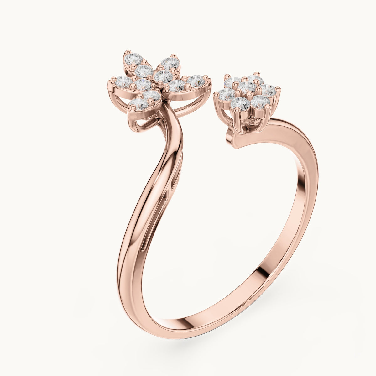 Round lab-grown diamond open double flower cluster ring in rose gold, 0.20 CT TW, view 2