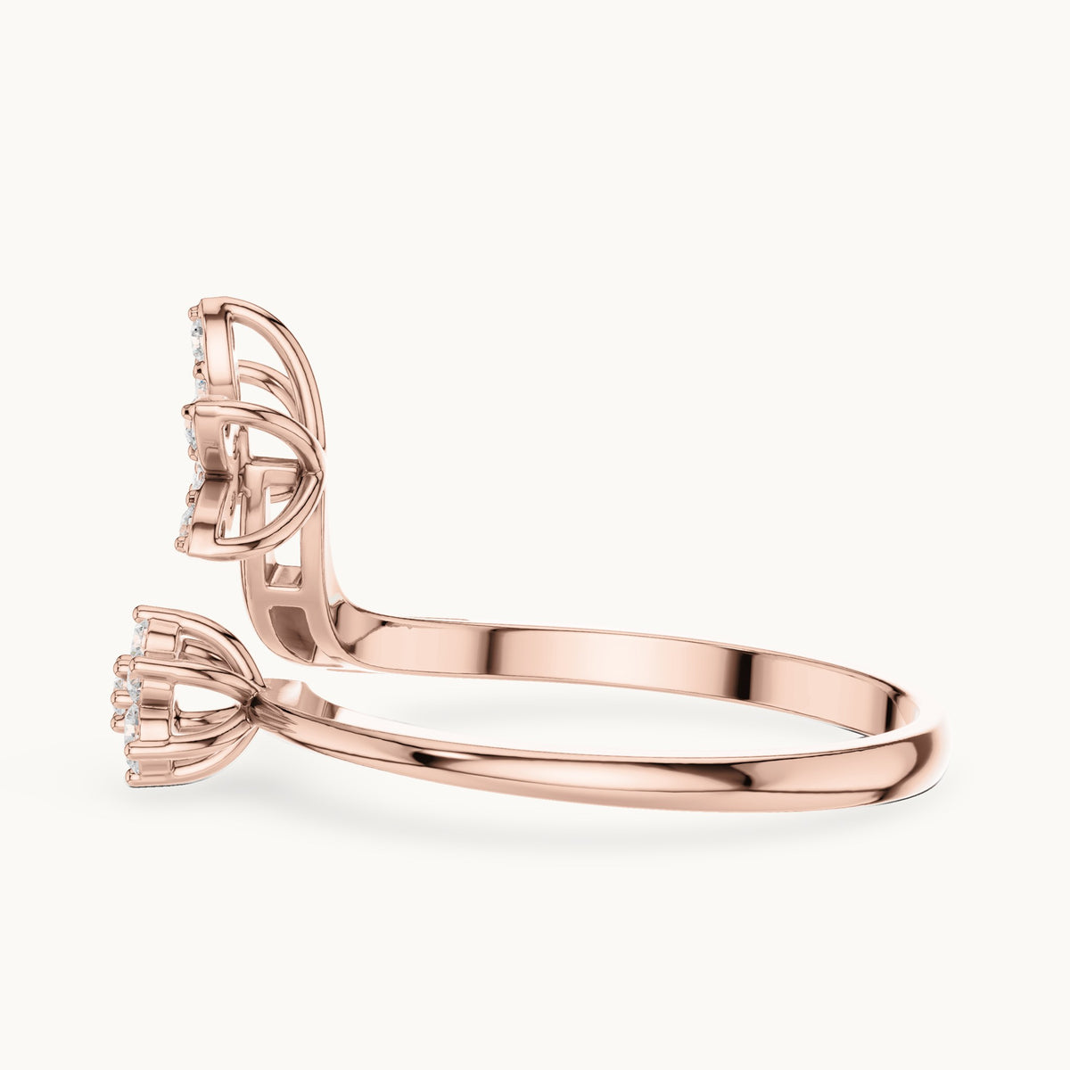 Round lab-grown diamond open double flower cluster ring in rose gold, 0.20 CT TW, view 3