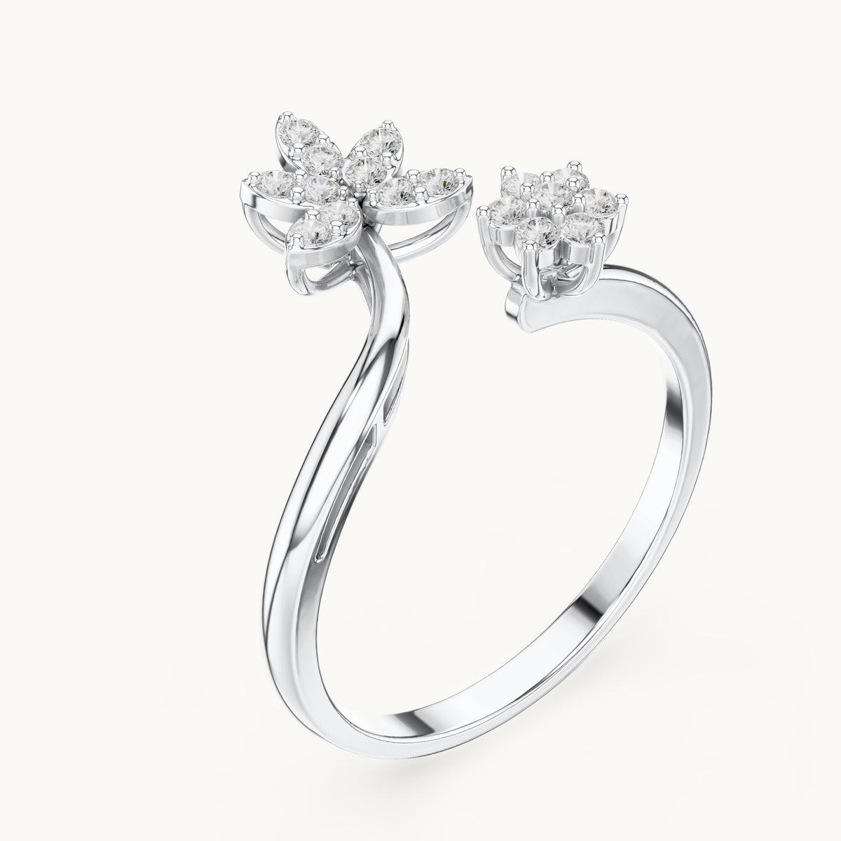 Round lab-grown diamond open double flower cluster ring in white gold, 0.20 CT TW, view 2