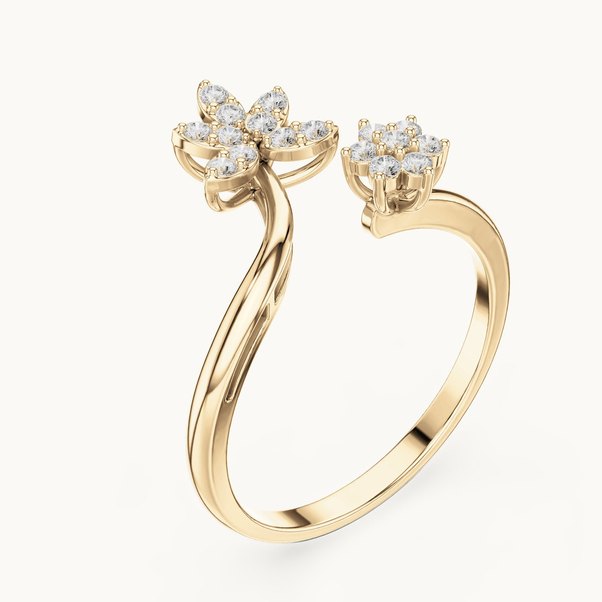 Round lab-grown diamond open double flower cluster ring in yellow gold, 0.20 CT TW, view 2