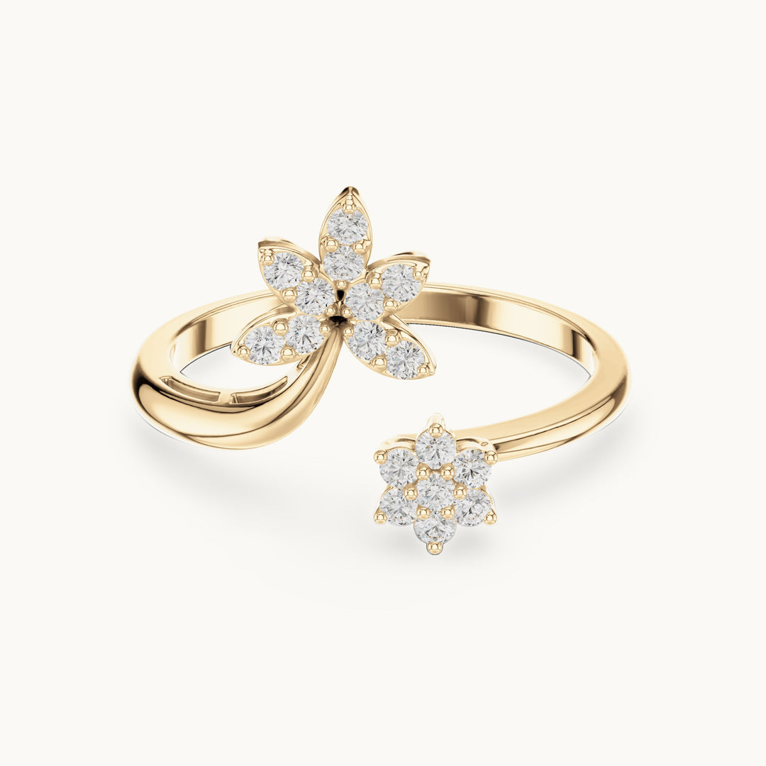 Round lab-grown diamond open double flower cluster ring in yellow gold, 0.20 CT TW, view 4