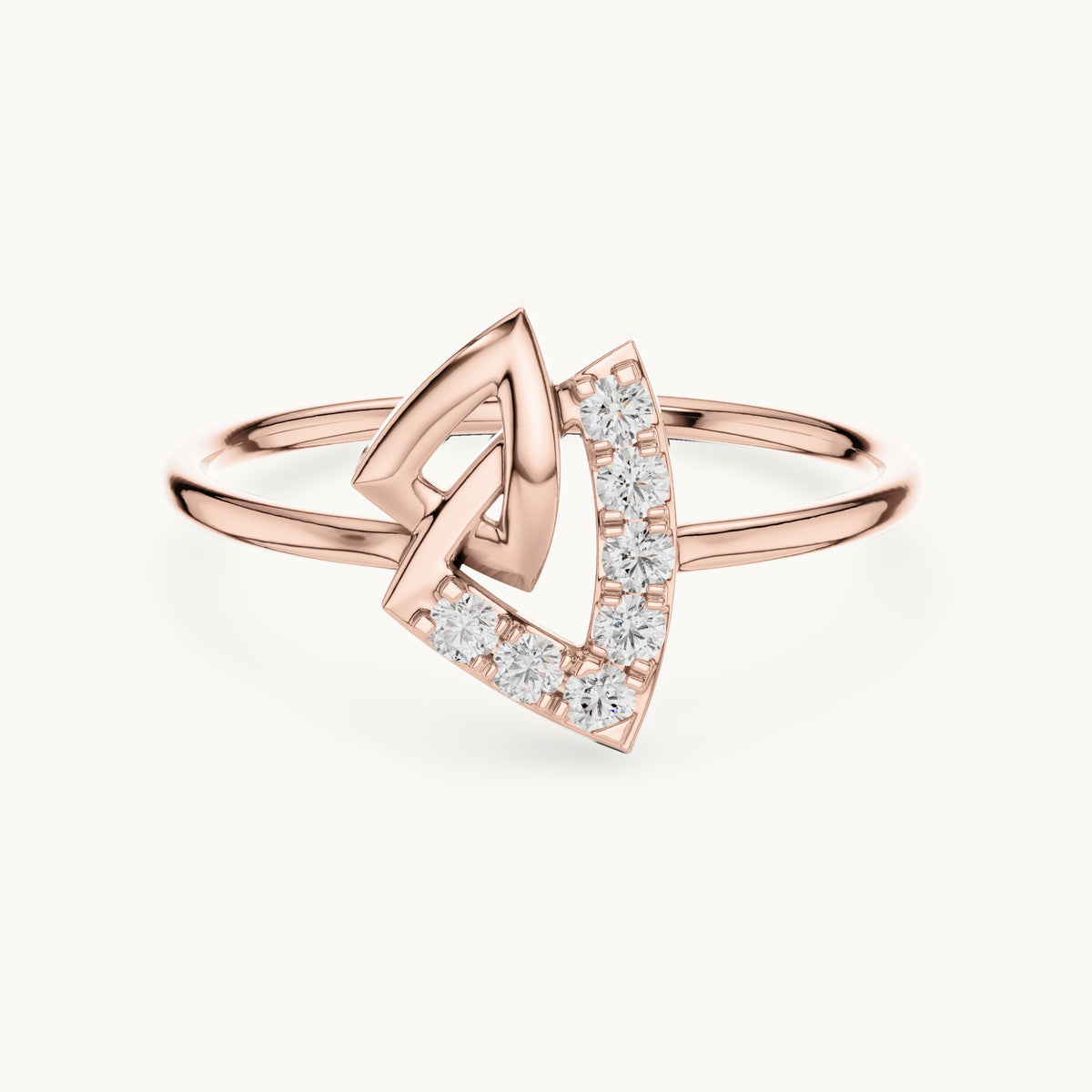 Round lab-grown diamond interlocking triangle ring in rose gold, 0.12 CT TW, view 4