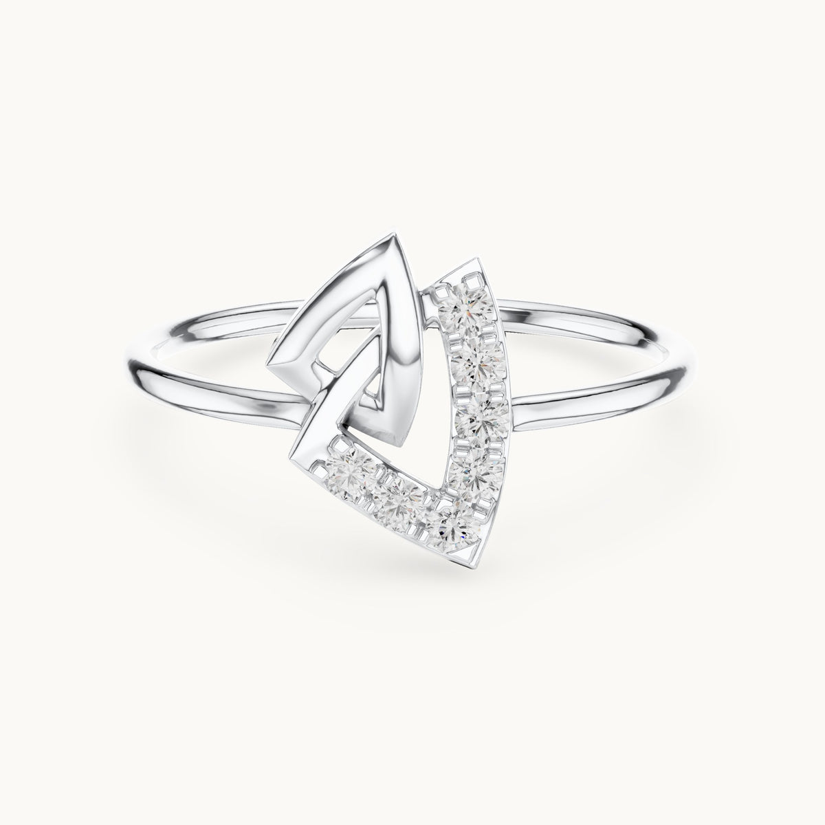 Round lab-grown diamond interlocking triangle ring in white gold, 0.12 CT TW, view 4