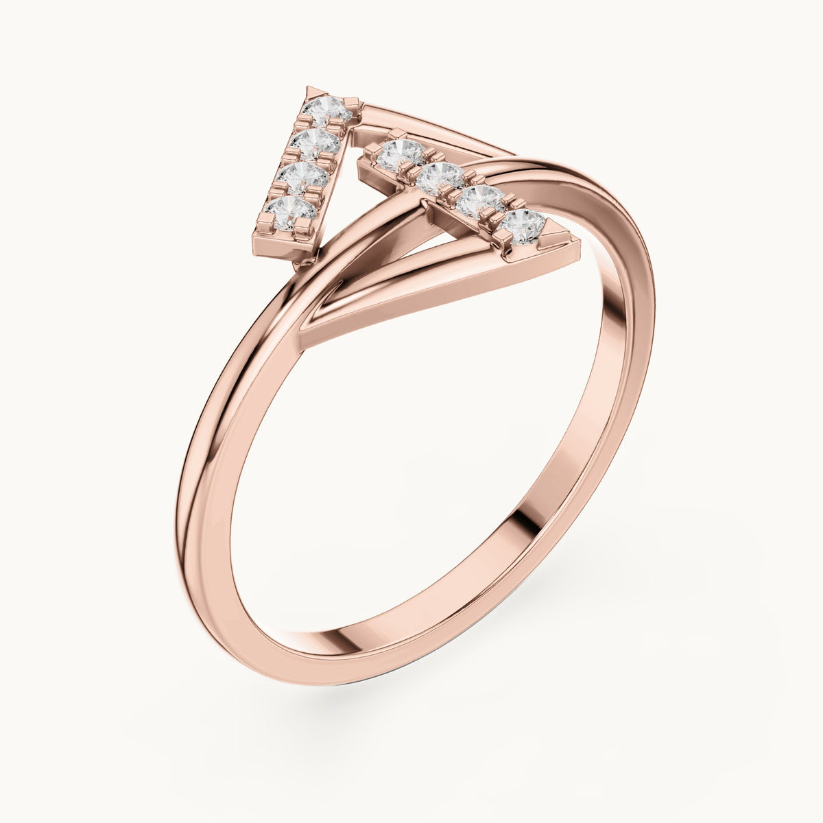 Round lab-grown diamond crossed bar chevron ring in rose gold, 0.12 CT TW, view 2