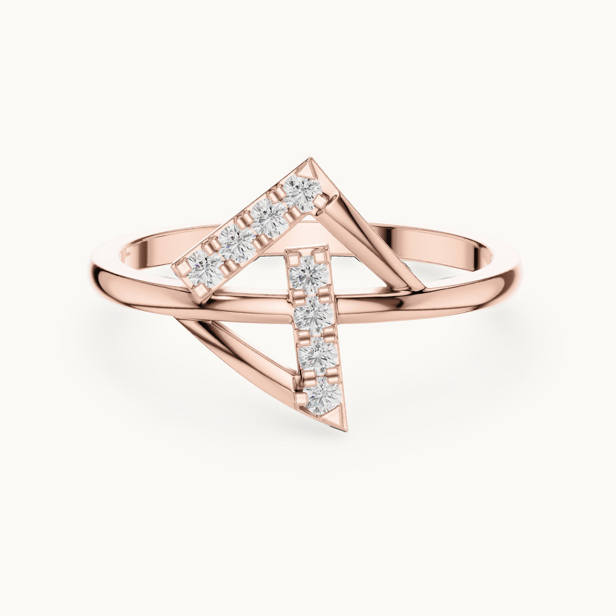 Round lab-grown diamond crossed bar chevron ring in rose gold, 0.12 CT TW, view 4