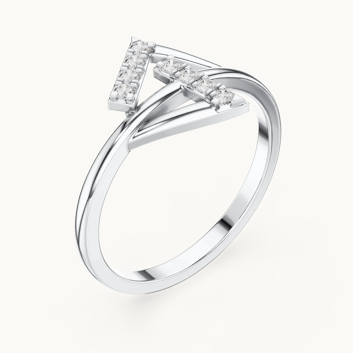 Round lab-grown diamond crossed bar chevron ring in white gold, 0.12 CT TW, view 2