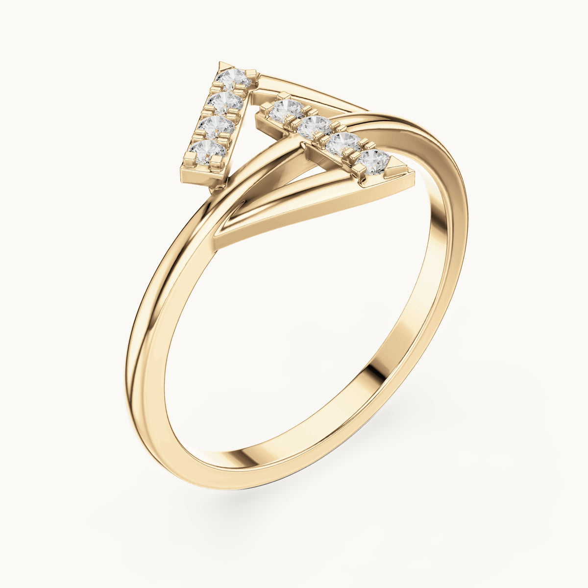 Round lab-grown diamond crossed bar chevron ring in yellow gold, 0.12 CT TW, view 2