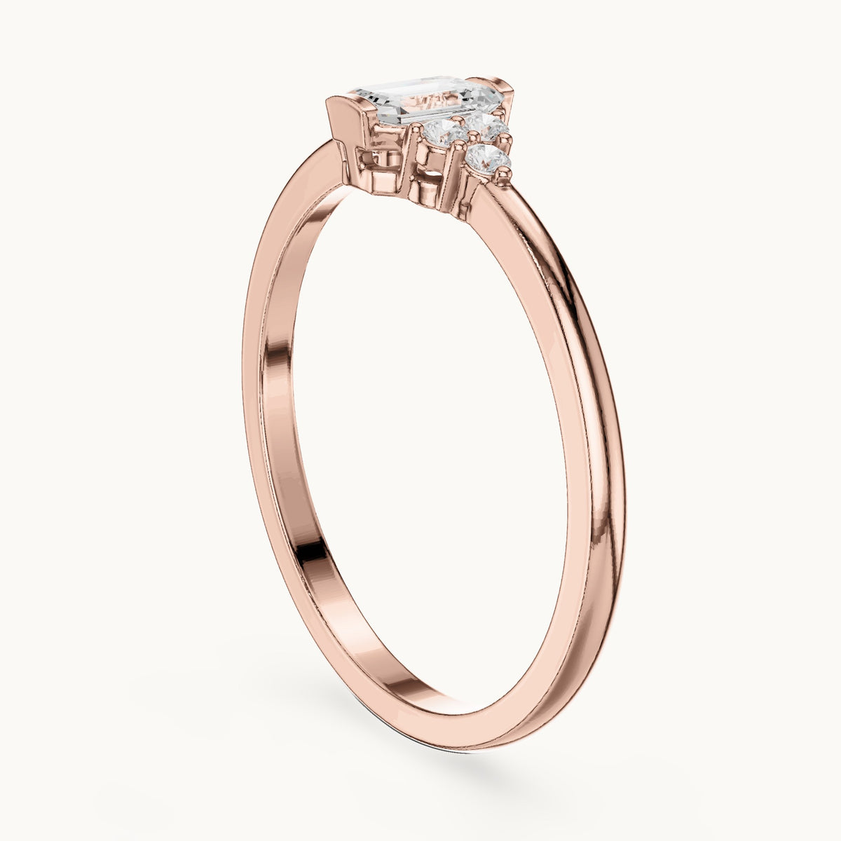 Emerald-cut lab-grown diamond engagement ring with cluster accents in rose gold, 0.29 CT TW, view 1
