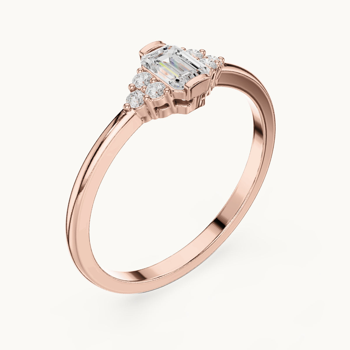 Emerald-cut lab-grown diamond engagement ring with cluster accents in rose gold, 0.29 CT TW, view 2