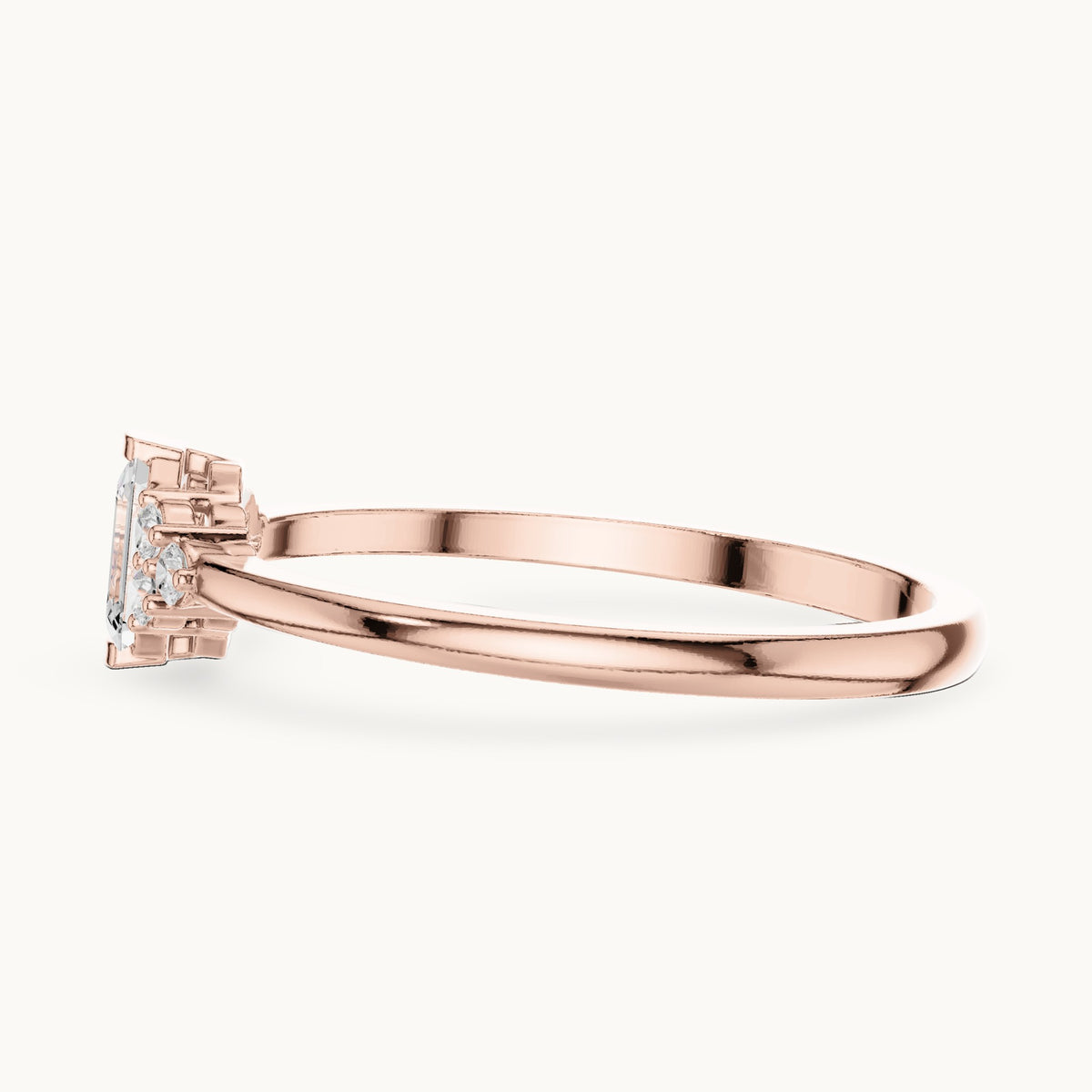 Emerald-cut lab-grown diamond engagement ring with cluster accents in rose gold, 0.29 CT TW, view 3