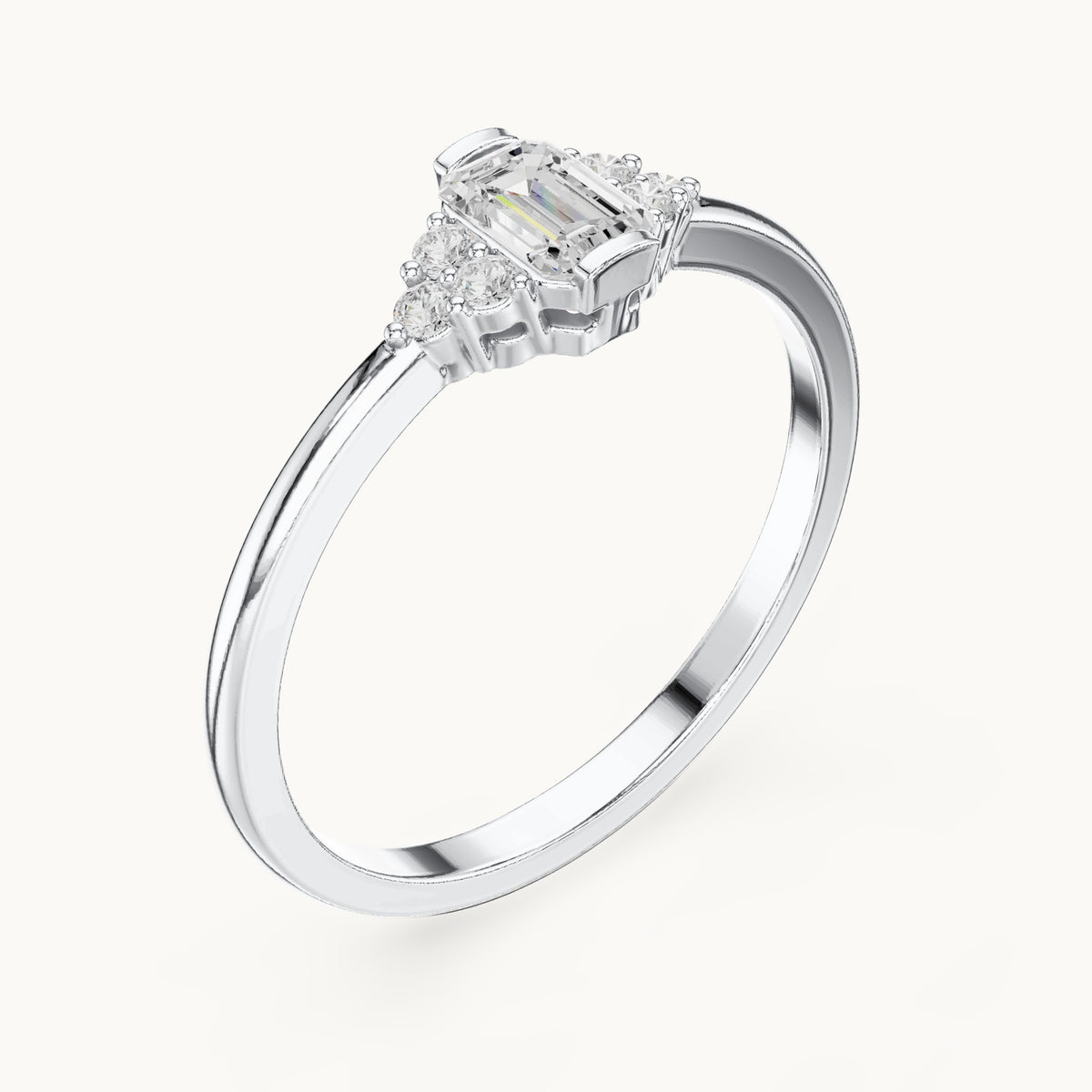 Emerald-cut lab-grown diamond engagement ring with cluster accents in white gold, 0.29 CT TW, view 2