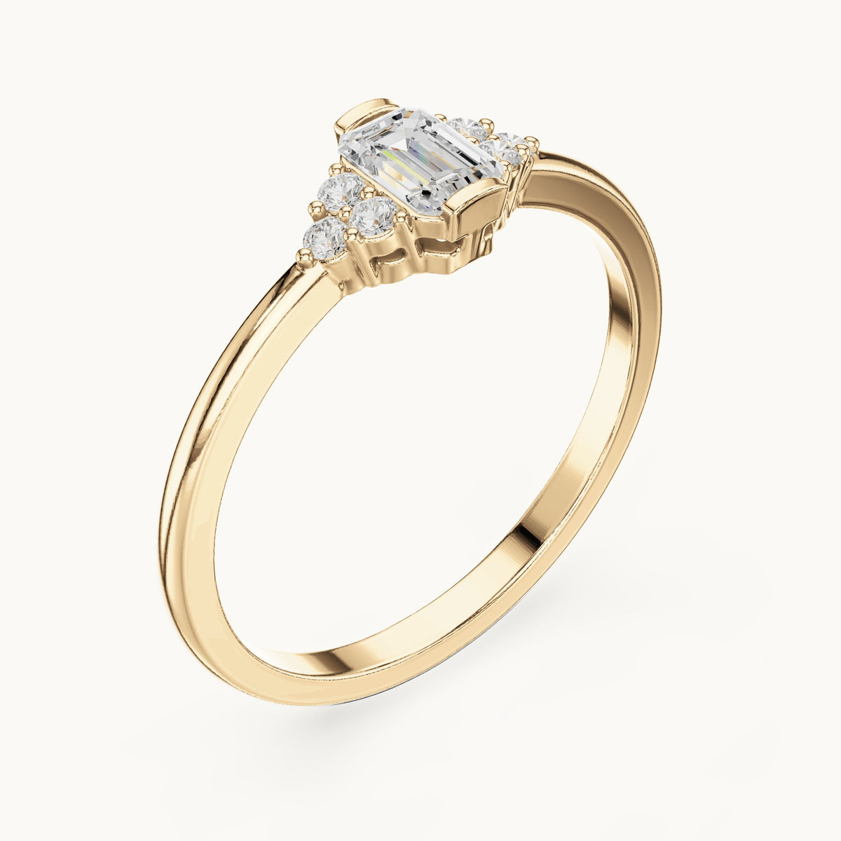 Emerald-cut lab-grown diamond engagement ring with cluster accents in yellow gold, 0.29 CT TW, view 2