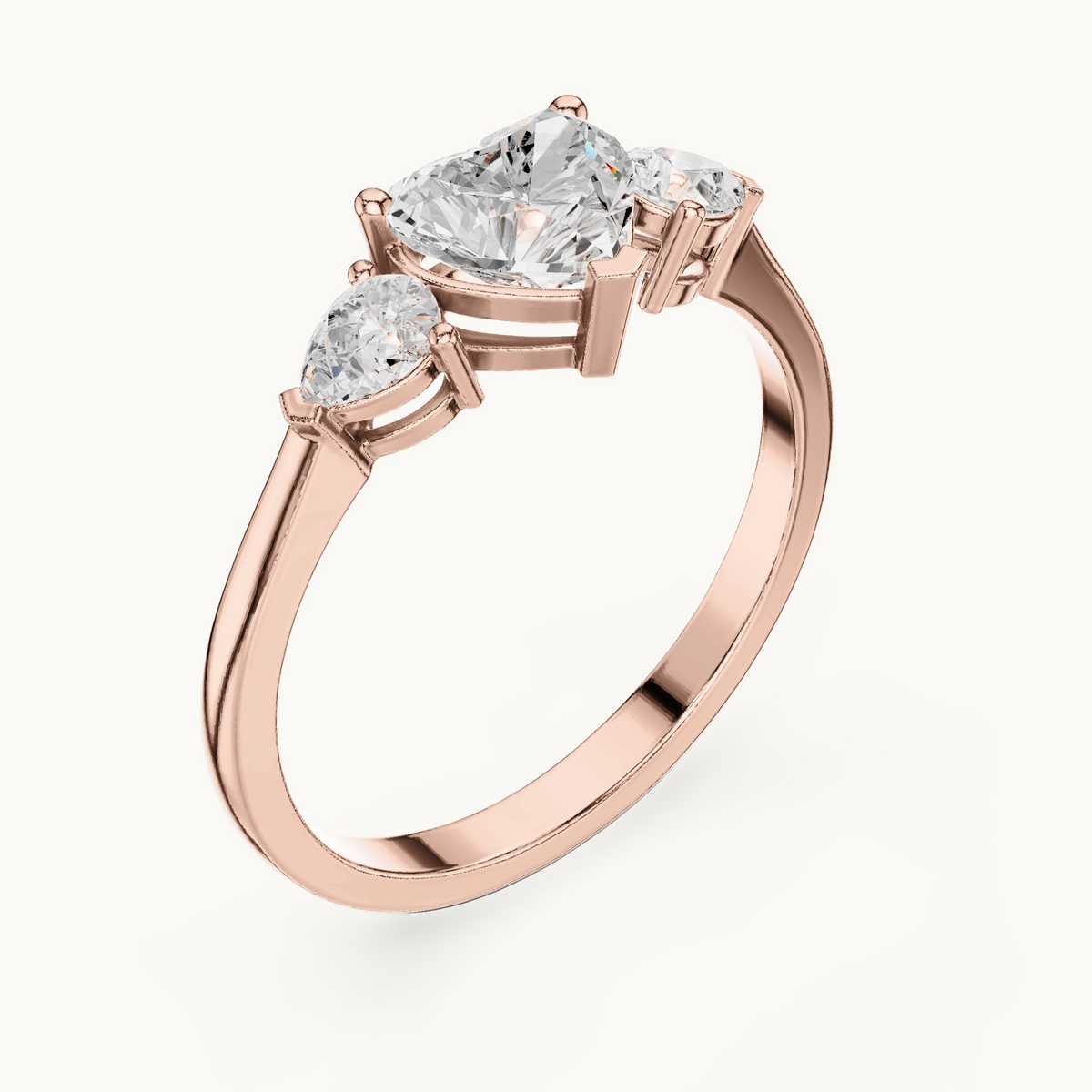 Heart lab-grown diamond three stone engagement ring in 14K rose gold, 1.07 CT TW, view 2