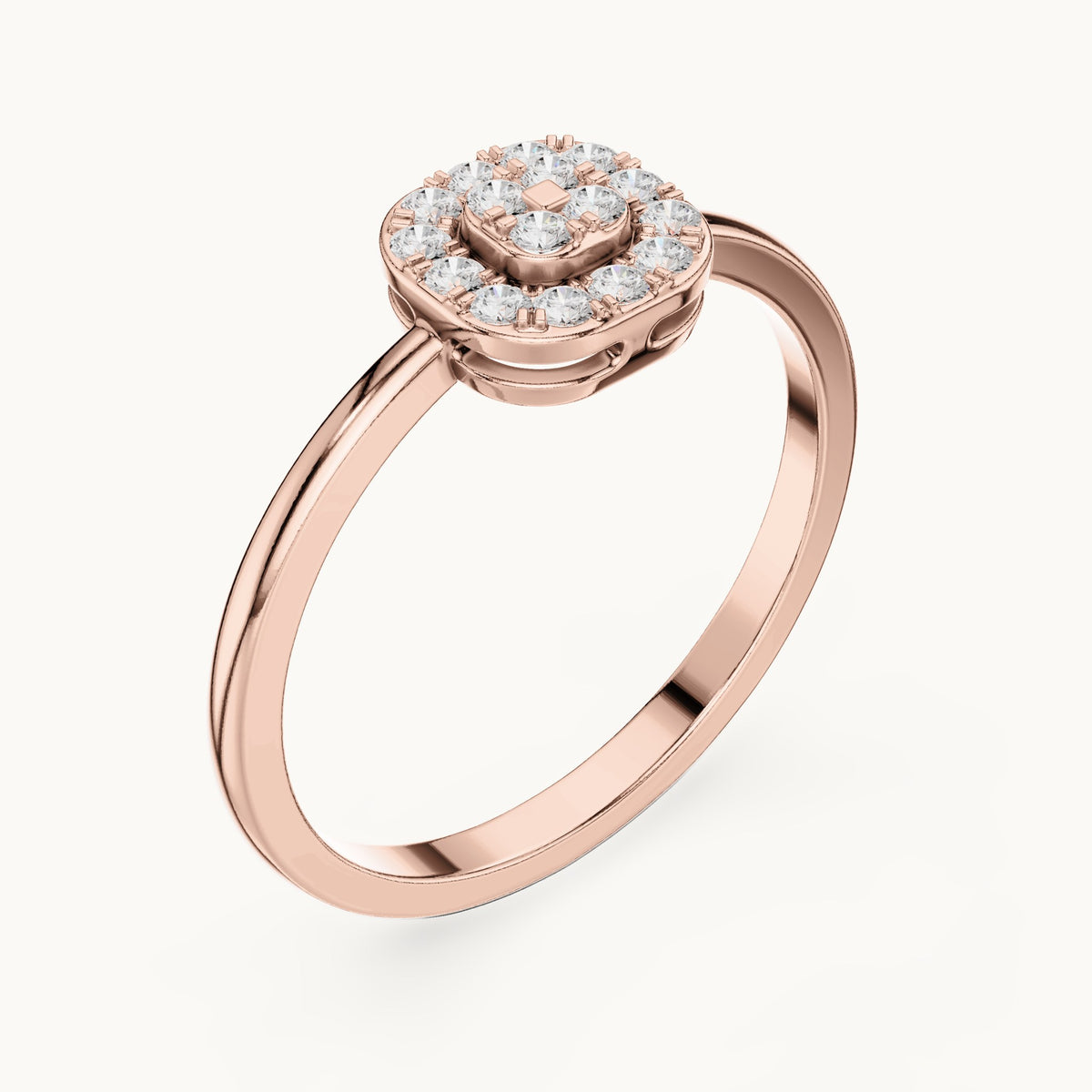 Round lab-grown diamond cushion-shaped cluster halo ring in rose gold, 0.16 CT TW, view 2