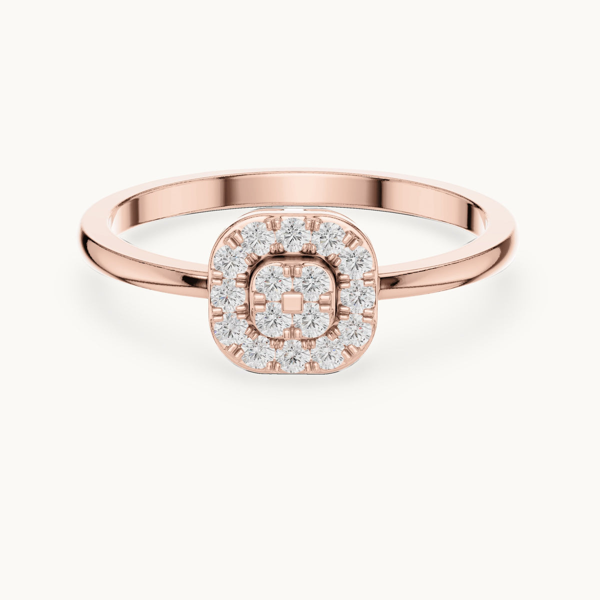 Round lab-grown diamond cushion-shaped cluster halo ring in rose gold, 0.16 CT TW, view 4