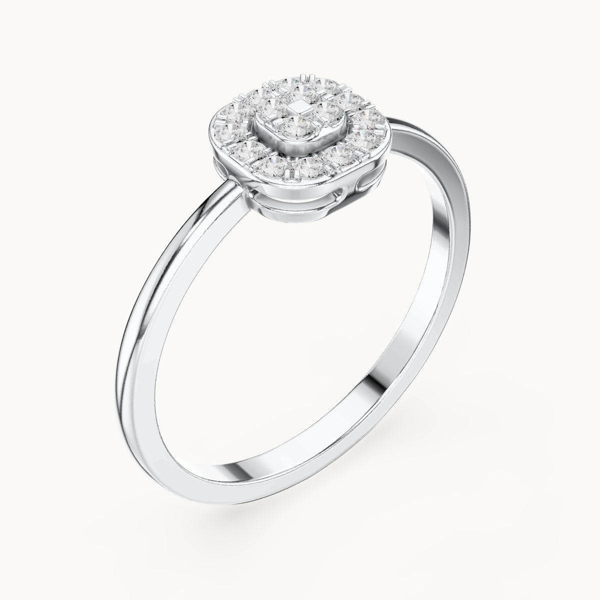 Round lab-grown diamond cushion-shaped cluster halo ring in white gold, 0.16 CT TW, view 2