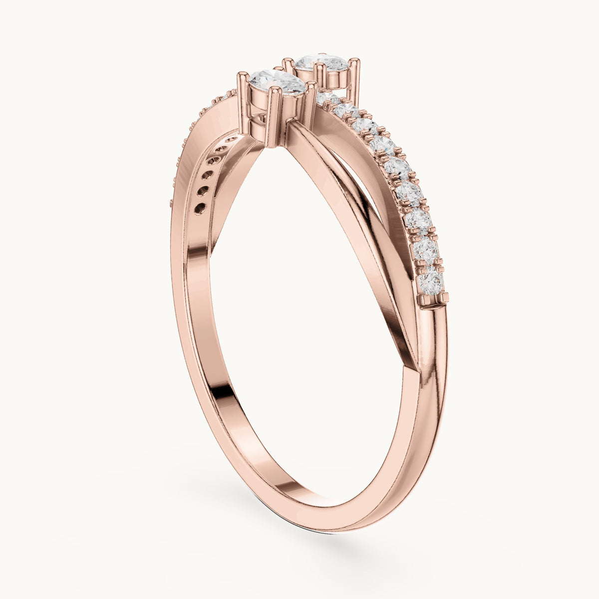 Round and oval lab-grown diamond two-stone crossover ring in rose gold, 0.22 CT TW, view 1