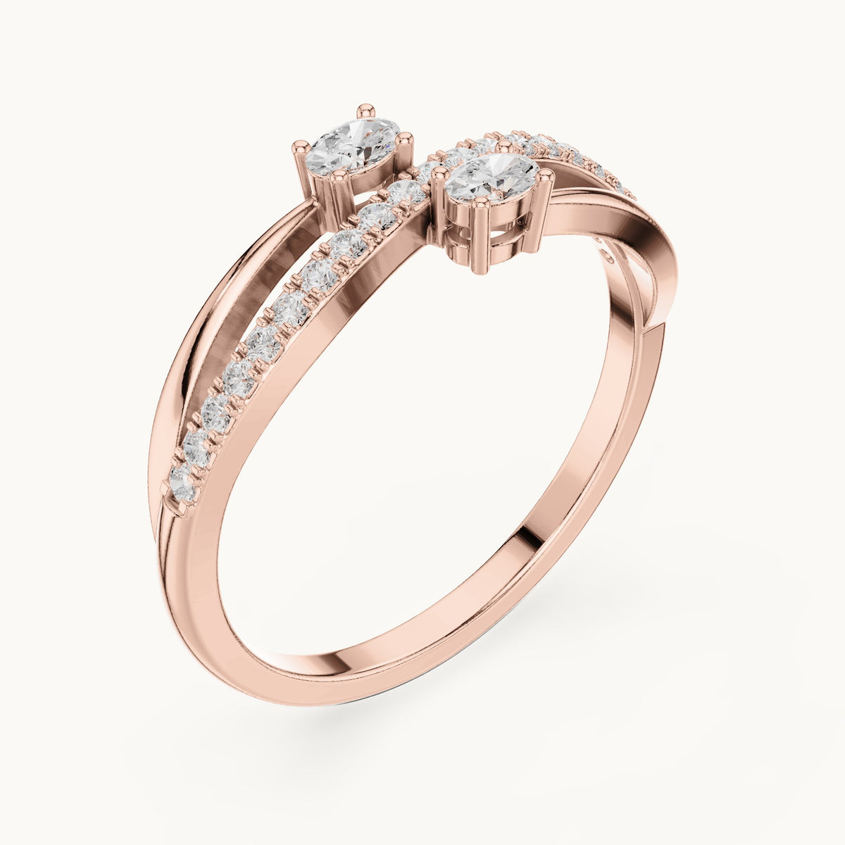 Round and oval lab-grown diamond two-stone crossover ring in rose gold, 0.22 CT TW, view 2