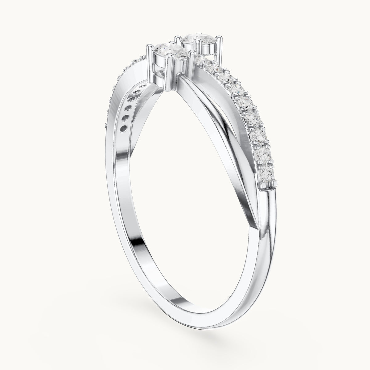 Round and oval lab-grown diamond two-stone crossover ring in white gold, 0.22 CT TW, view 1