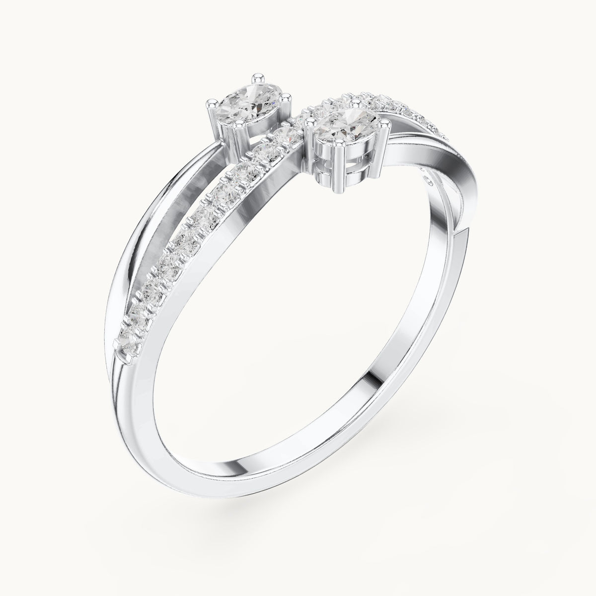 Round and oval lab-grown diamond two-stone crossover ring in white gold, 0.22 CT TW, view 2