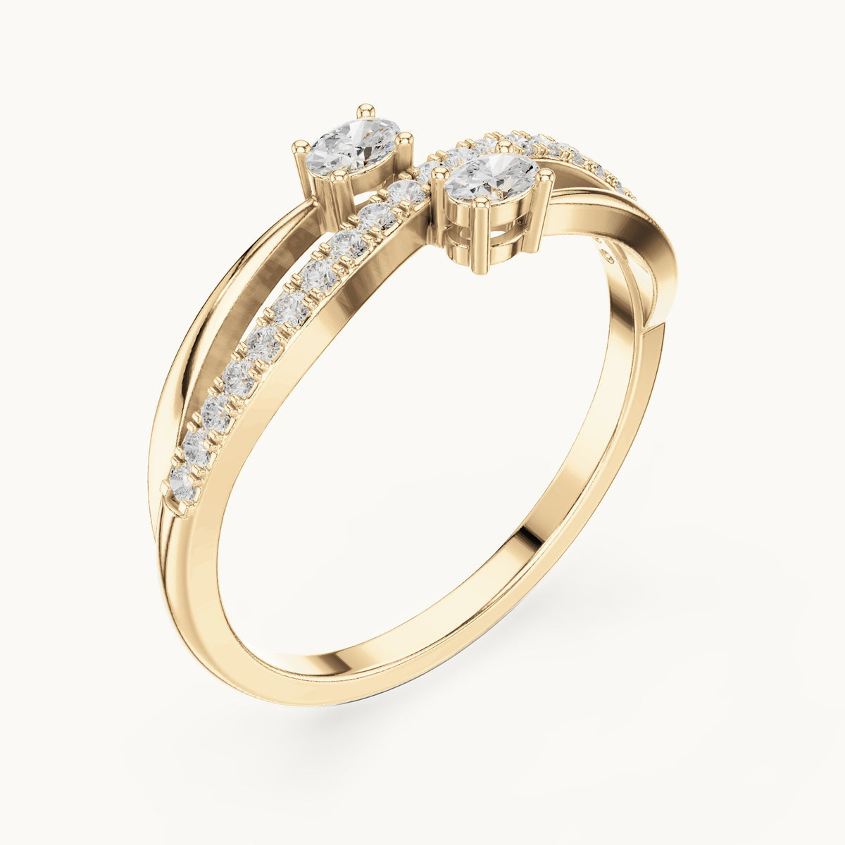 Round and oval lab-grown diamond two-stone crossover ring in yellow gold, 0.22 CT TW, view 2