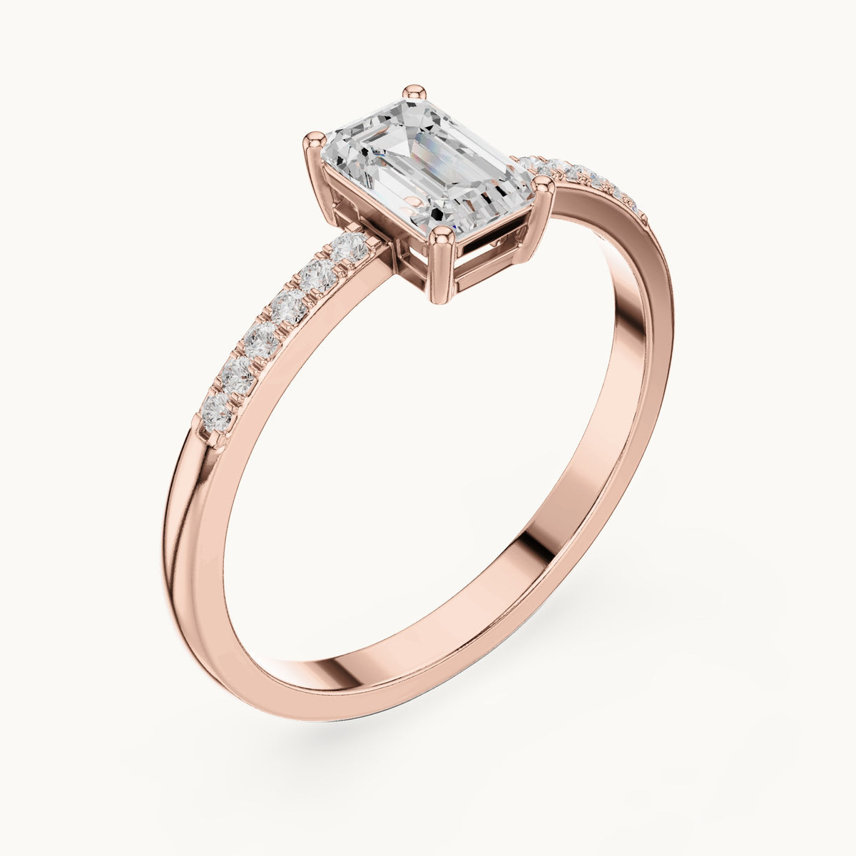 Emerald-cut lab-grown diamond solitaire engagement ring with pavé band in rose gold, 0.62 CT TW, view 2