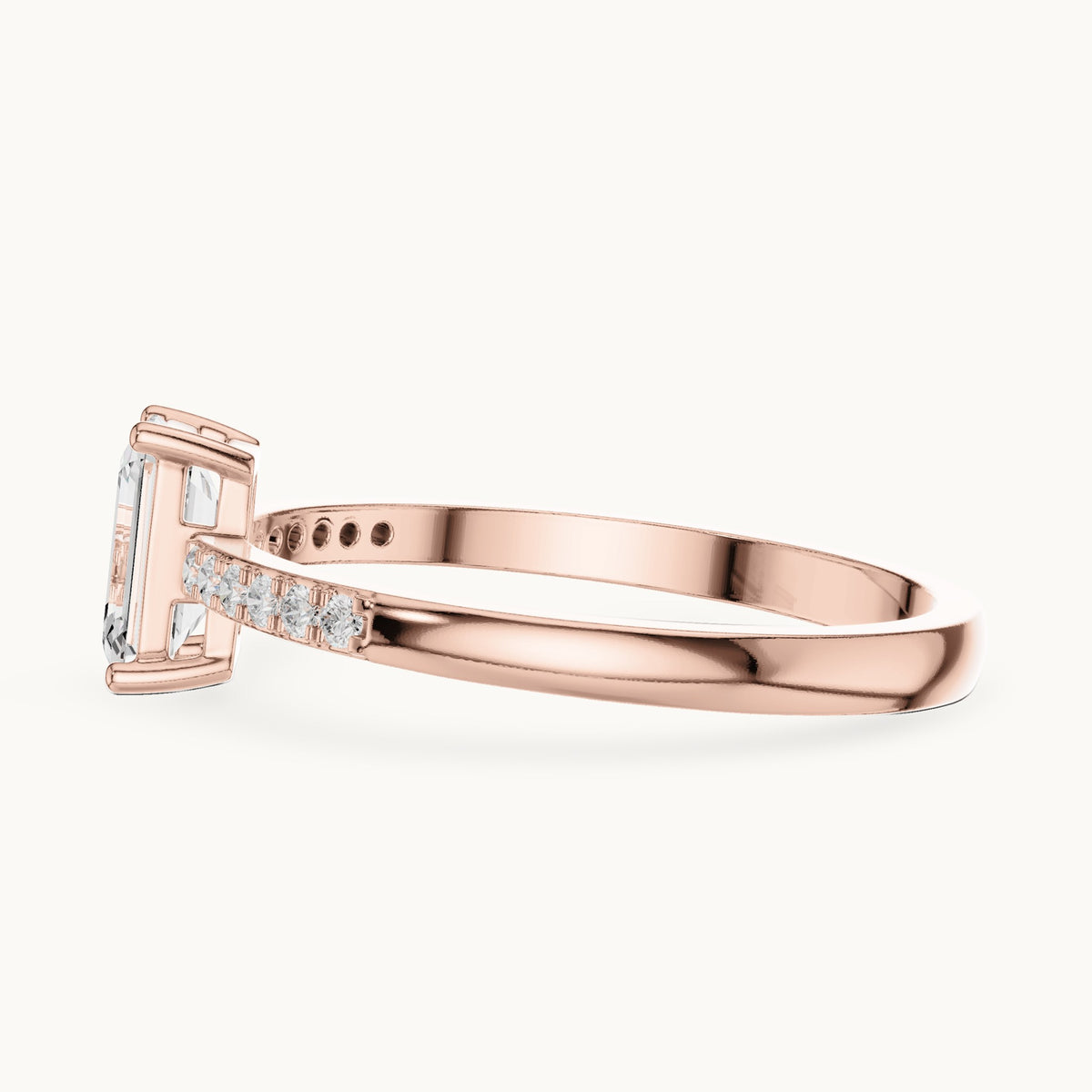 Emerald-cut lab-grown diamond solitaire engagement ring with pavé band in rose gold, 0.62 CT TW, view 3