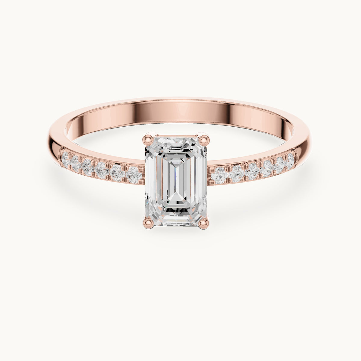 Emerald-cut lab-grown diamond solitaire engagement ring with pavé band in rose gold, 0.62 CT TW, view 4