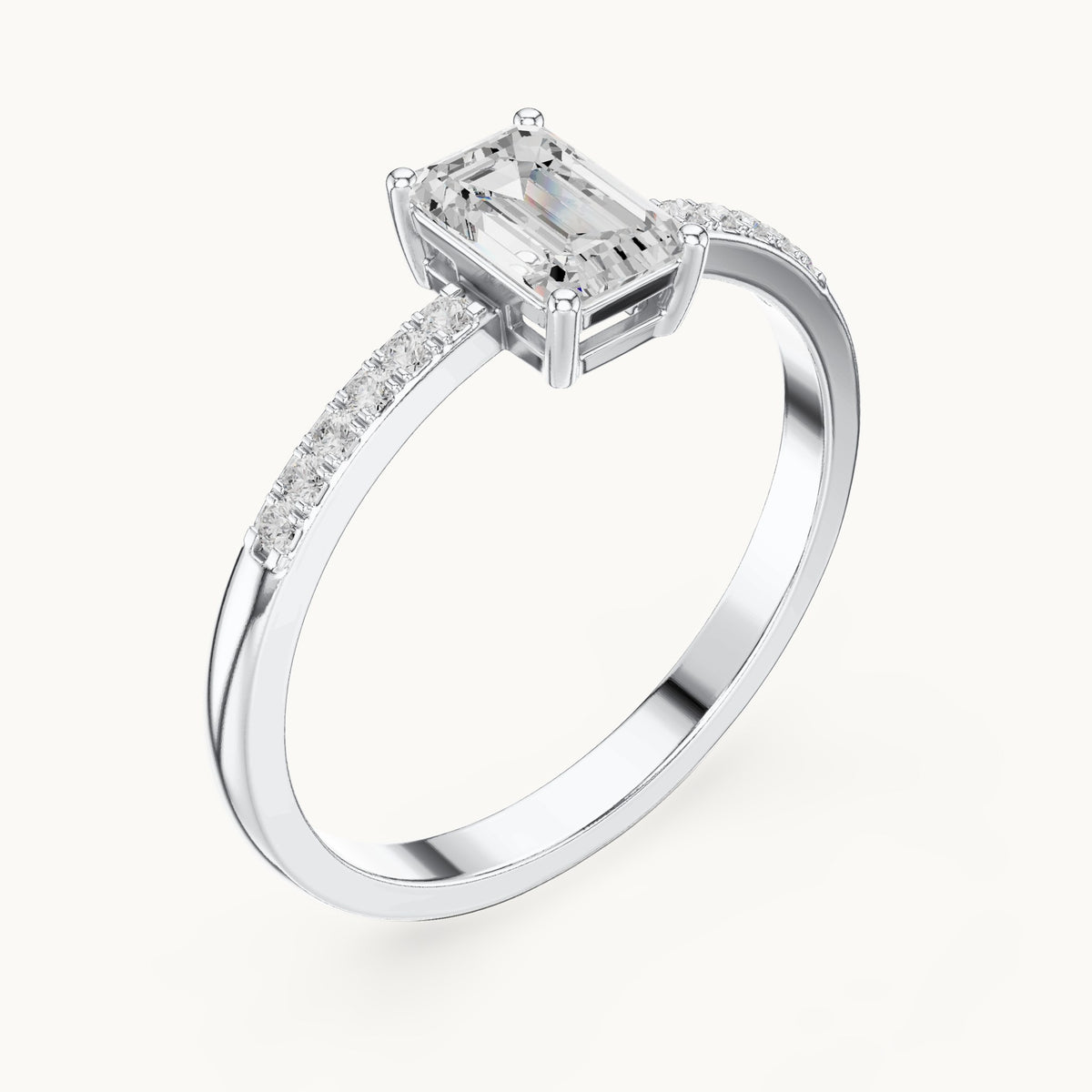 Emerald-cut lab-grown diamond solitaire engagement ring with pavé band in white gold, 0.62 CT TW, view 2