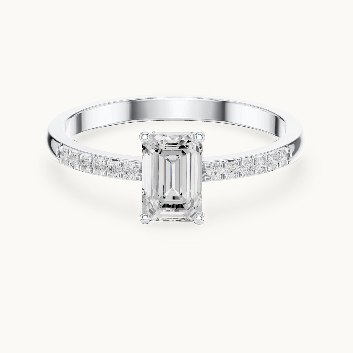 Emerald-cut lab-grown diamond solitaire engagement ring with pavé band in white gold, 0.62 CT TW, view 4