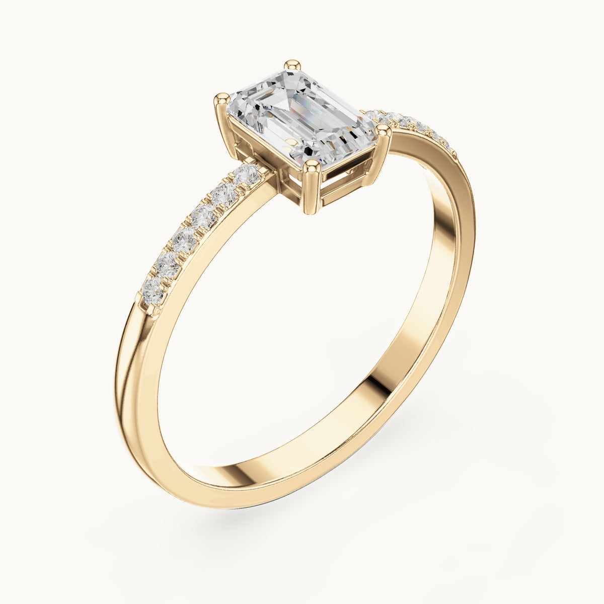 Emerald-cut lab-grown diamond solitaire engagement ring with pavé band in yellow gold, 0.62 CT TW, view 2
