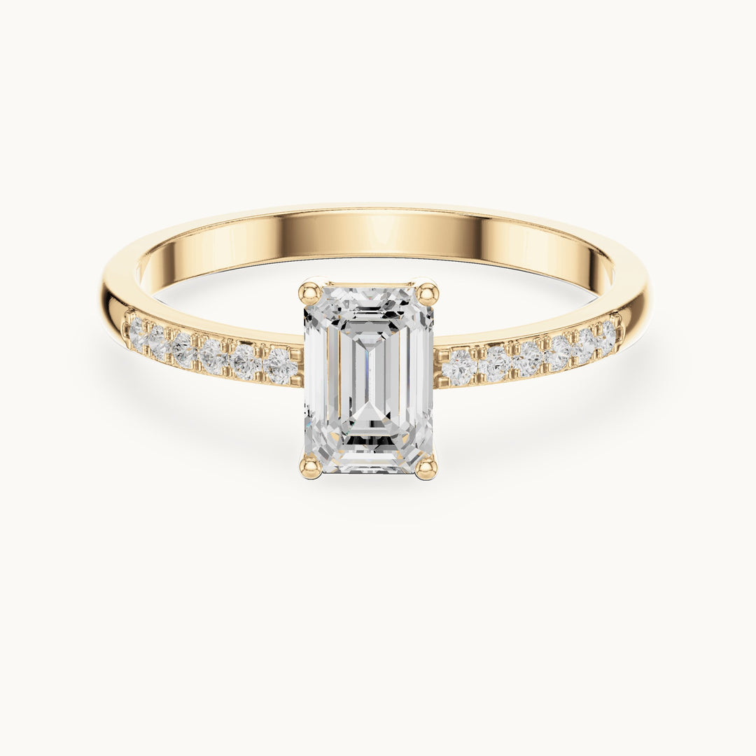 Emerald-cut lab-grown diamond solitaire engagement ring with pavé band in yellow gold, 0.62 CT TW, view 4