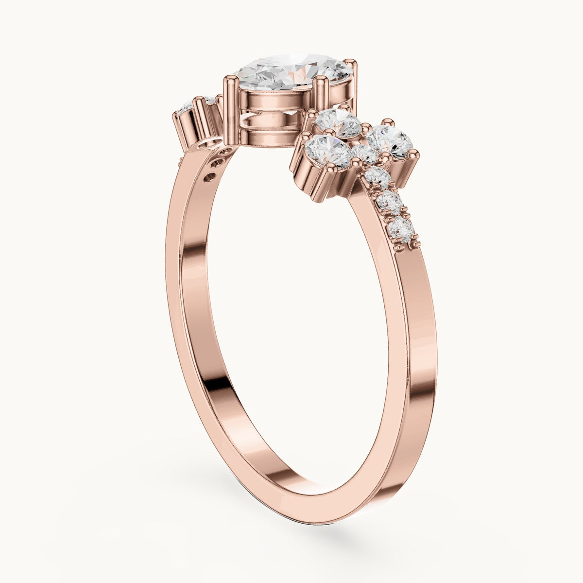 Oval lab-grown diamond engagement ring with cluster side stones in rose gold, 0.60 CT TW, view 1