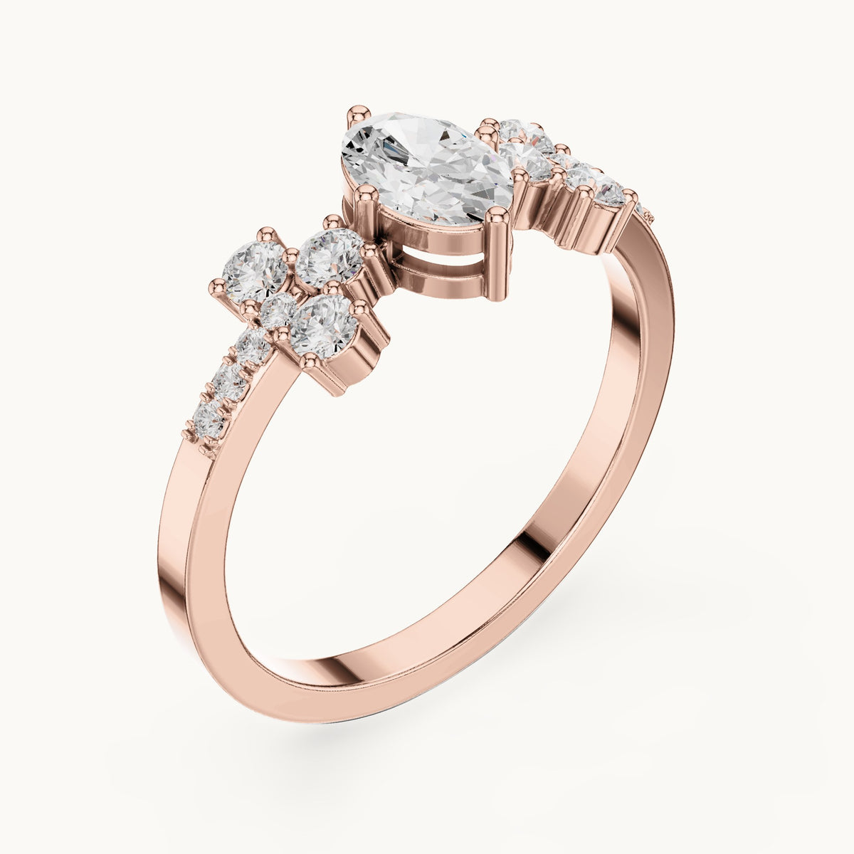 Oval lab-grown diamond engagement ring with cluster side stones in rose gold, 0.60 CT TW, view 2
