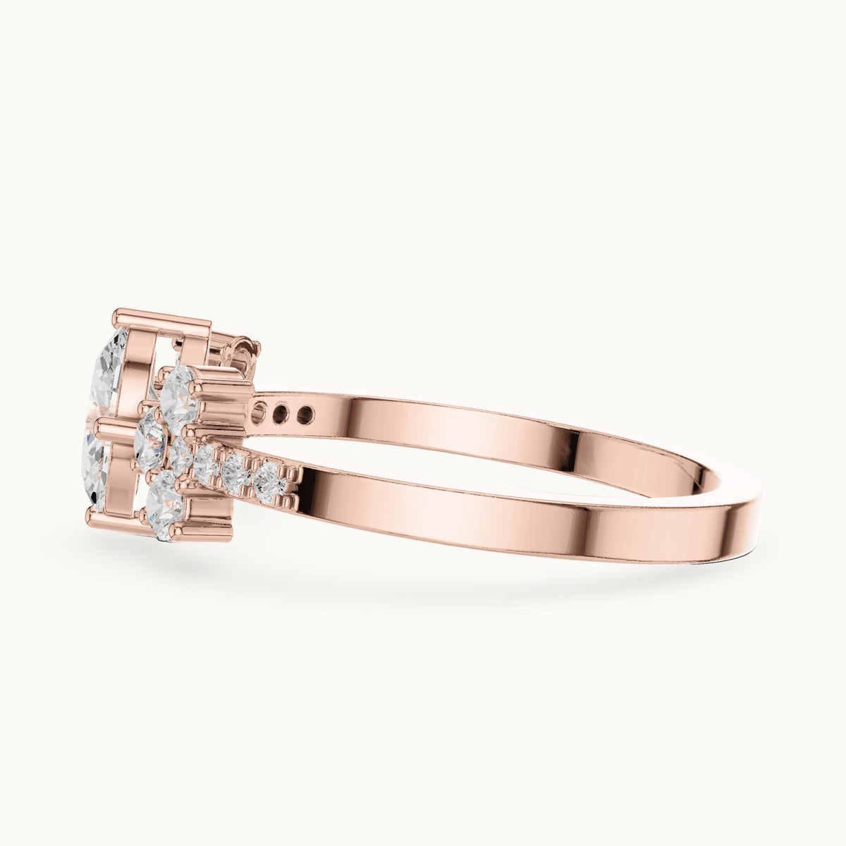 Oval lab-grown diamond engagement ring with cluster side stones in rose gold, 0.60 CT TW, view 3