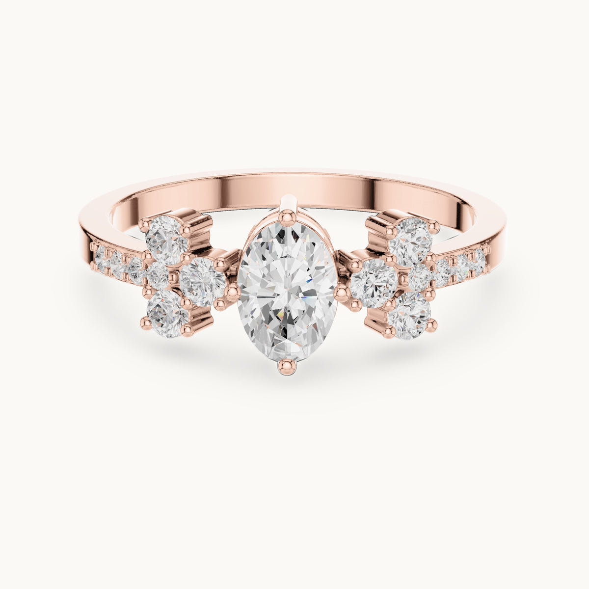 Oval lab-grown diamond engagement ring with cluster side stones in rose gold, 0.60 CT TW, view 4