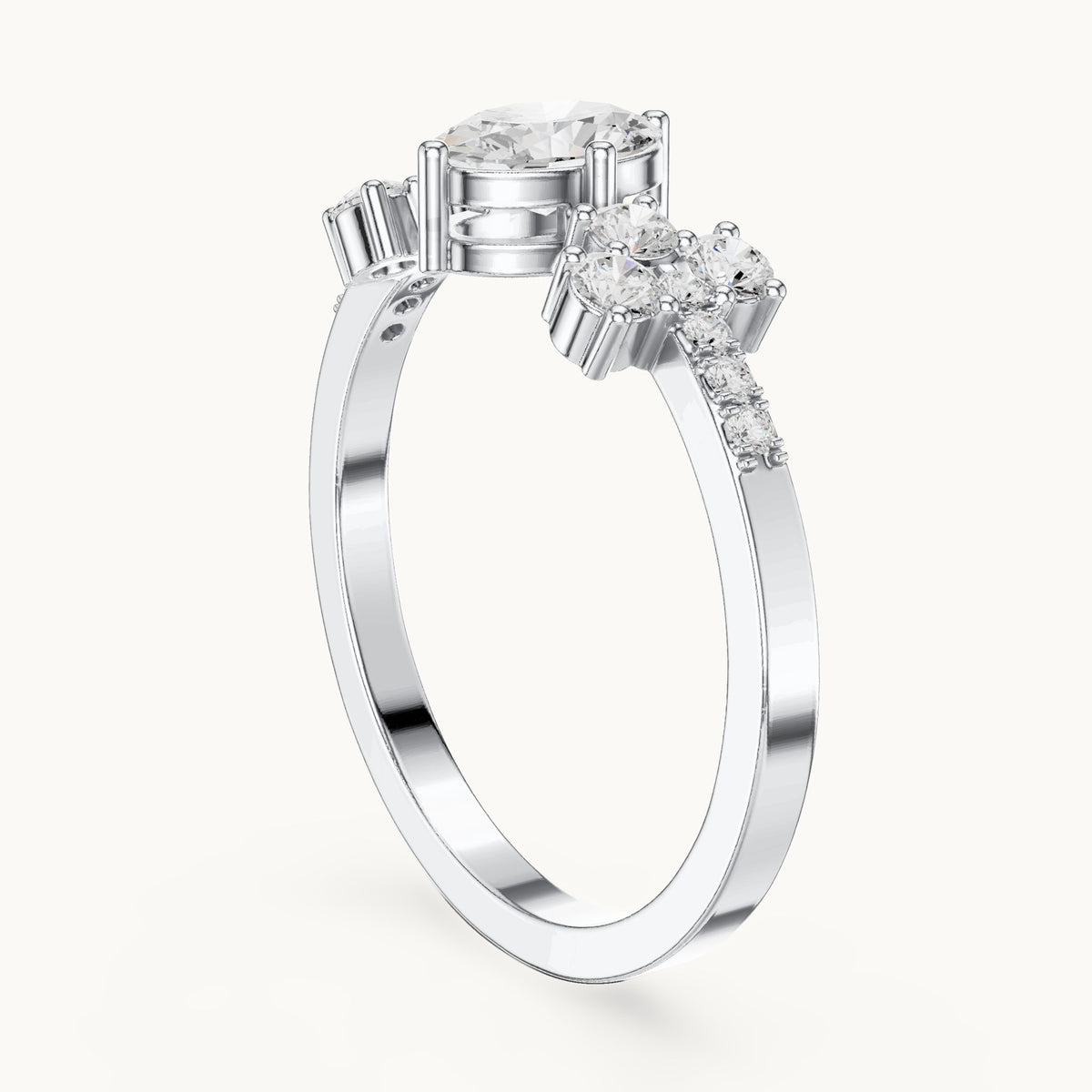 Oval lab-grown diamond engagement ring with cluster side stones in white gold, 0.60 CT TW, view 1