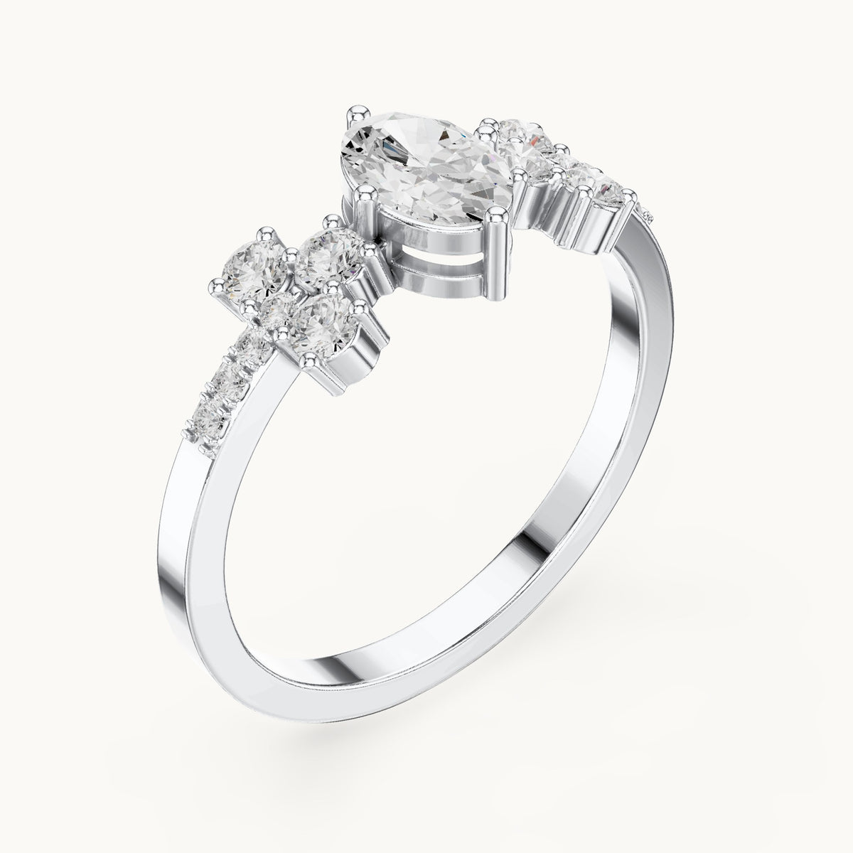 Oval lab-grown diamond engagement ring with cluster side stones in white gold, 0.60 CT TW, view 2