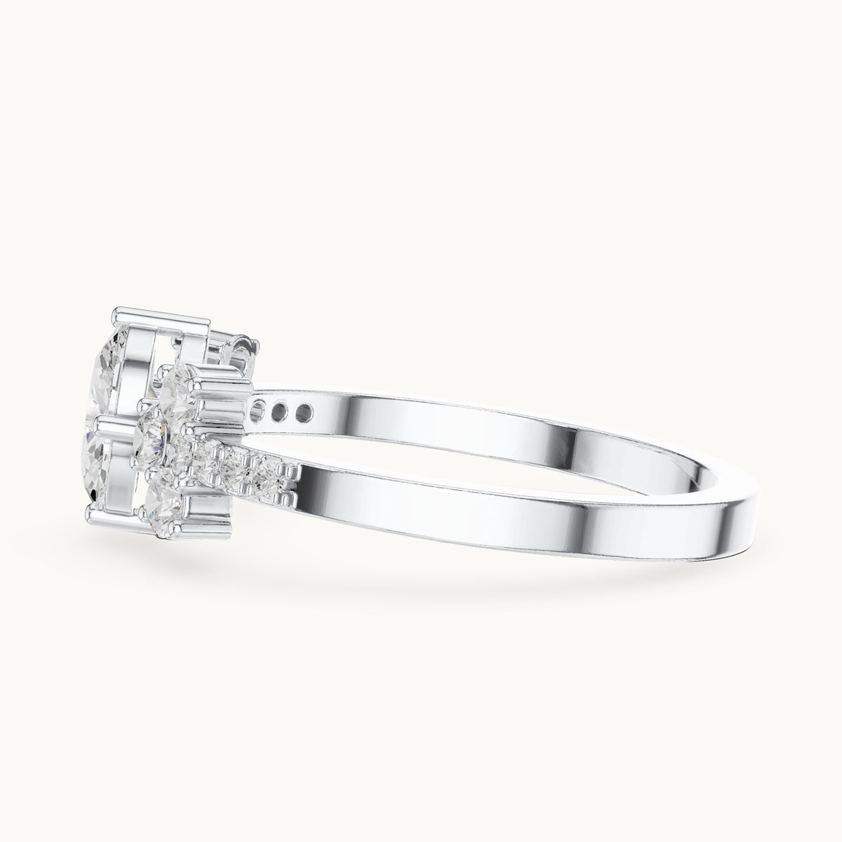 Oval lab-grown diamond engagement ring with cluster side stones in white gold, 0.60 CT TW, view 3