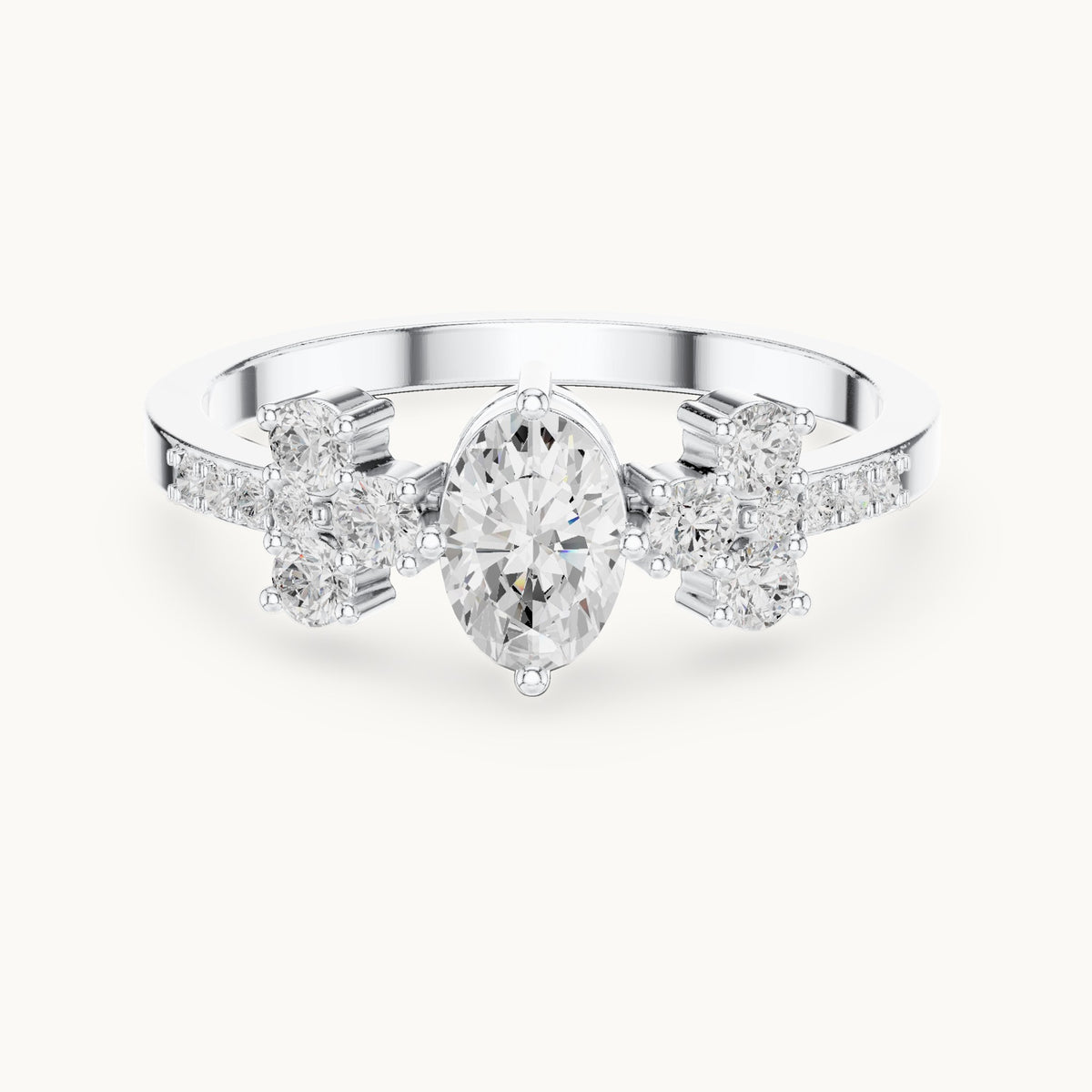 Oval lab-grown diamond engagement ring with cluster side stones in white gold, 0.60 CT TW, view 4