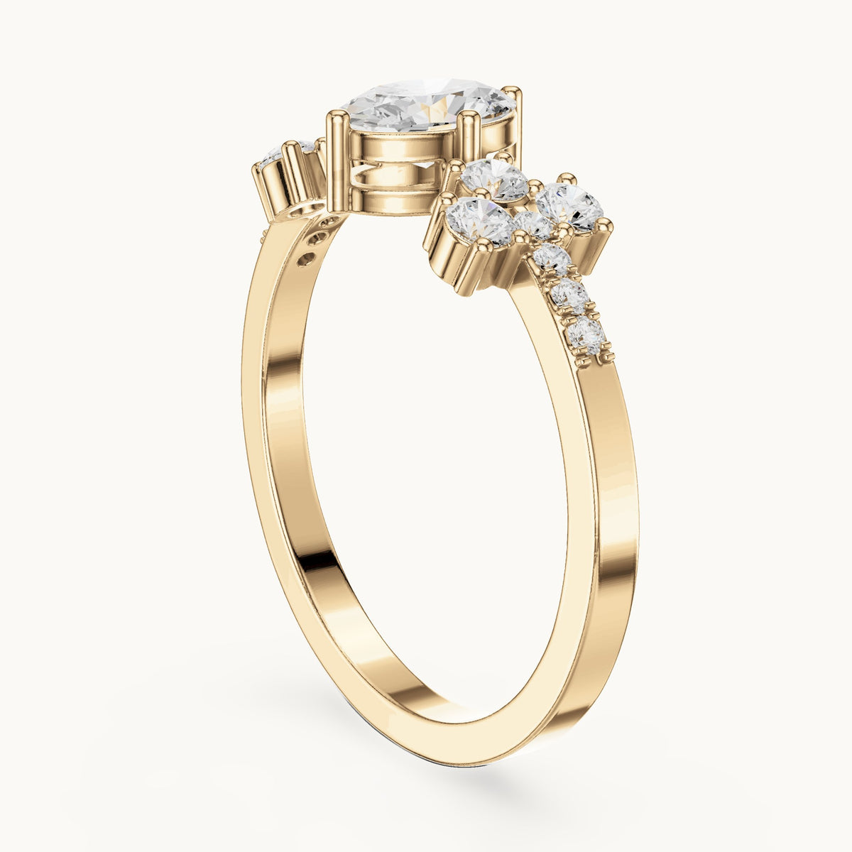 Oval lab-grown diamond engagement ring with cluster side stones in yellow gold, 0.60 CT TW, view 1