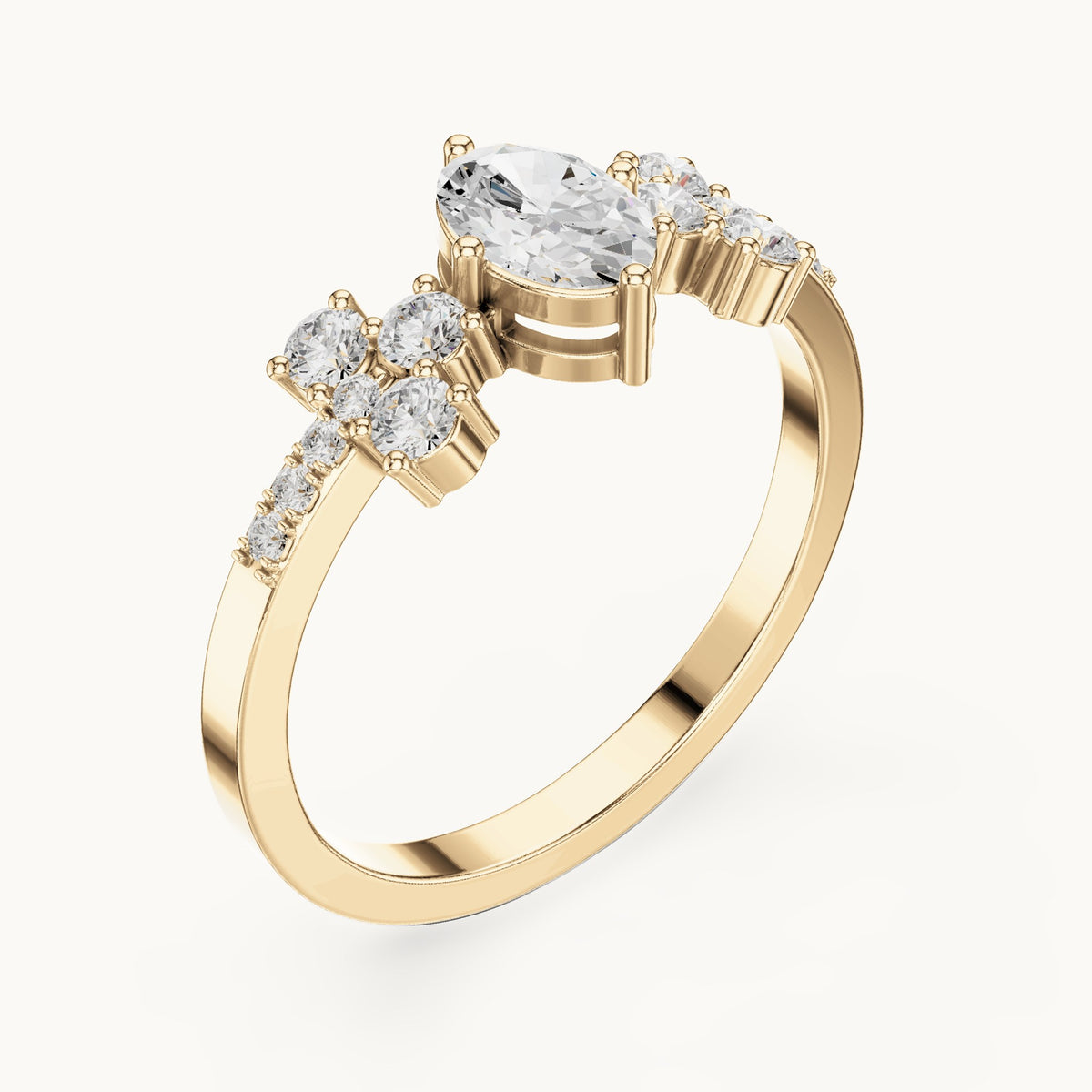 Oval lab-grown diamond engagement ring with cluster side stones in yellow gold, 0.60 CT TW, view 2