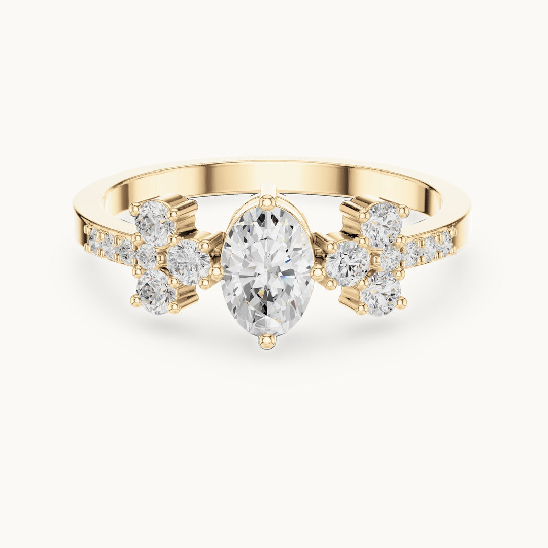 Oval lab-grown diamond engagement ring with cluster side stones in yellow gold, 0.60 CT TW, view 4