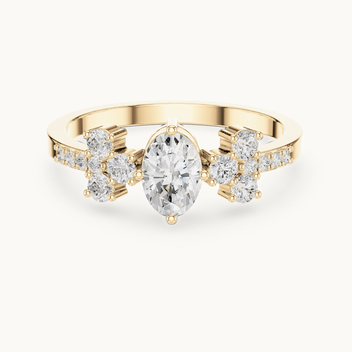 Oval lab-grown diamond engagement ring with cluster side stones in yellow gold, 0.60 CT TW, view 4