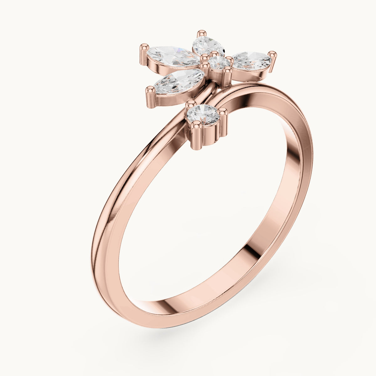 Marquise and round lab-grown diamond flower bypass ring in rose gold, 0.26 CT TW, view 2