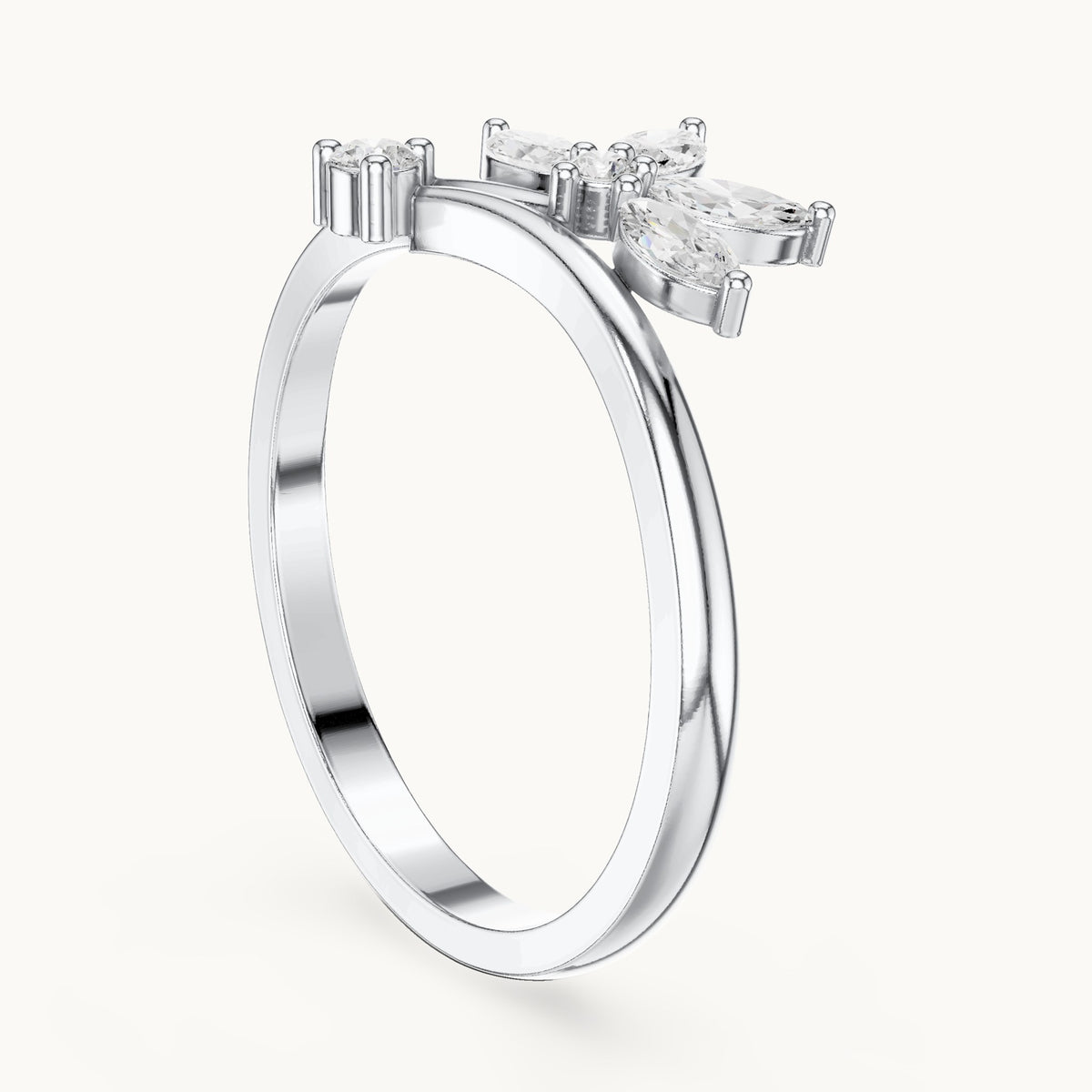 Marquise and round lab-grown diamond flower bypass ring in white gold, 0.26 CT TW, view 1