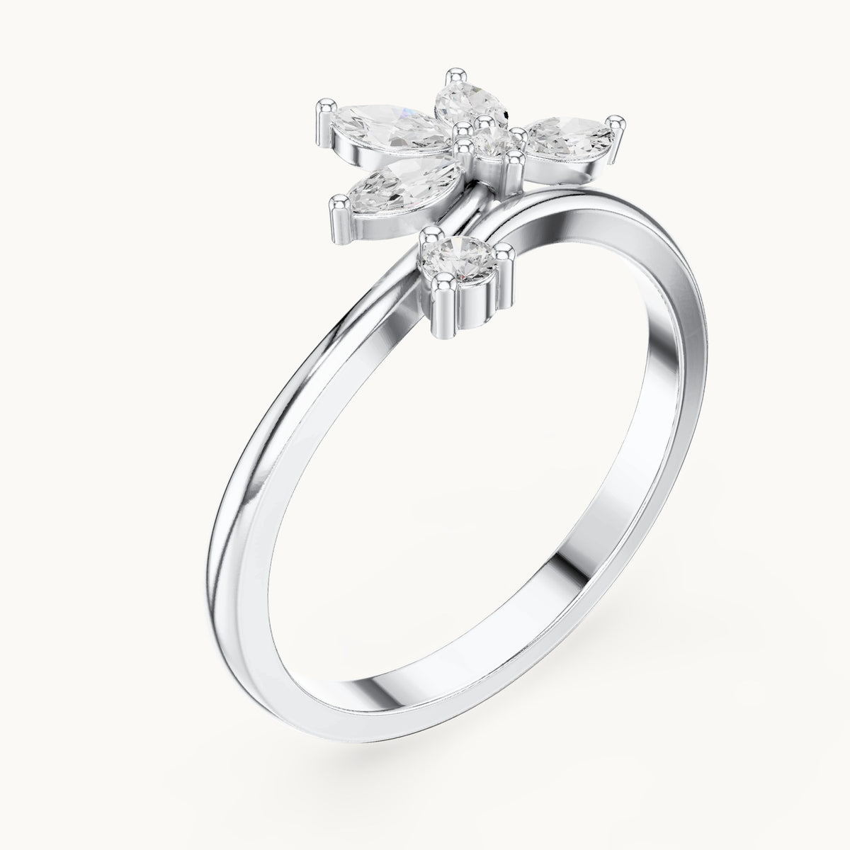 Marquise and round lab-grown diamond flower bypass ring in white gold, 0.26 CT TW, view 2