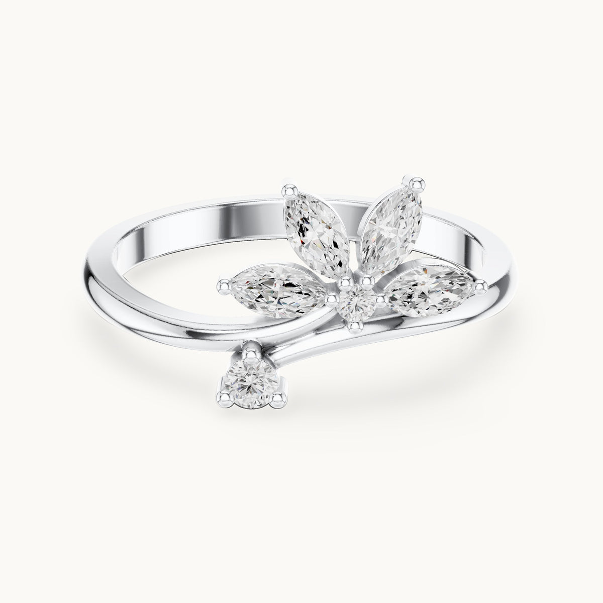Marquise and round lab-grown diamond flower bypass ring in white gold, 0.26 CT TW, view 4